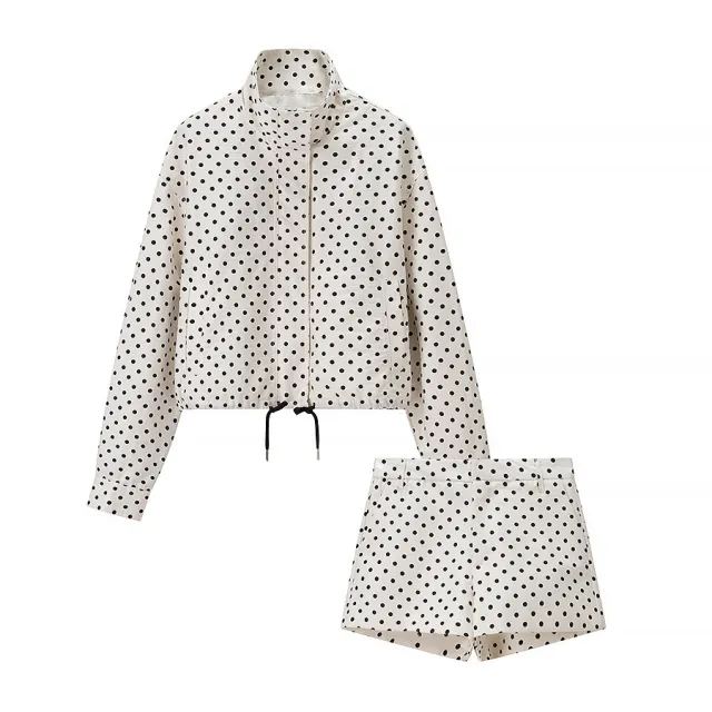 Autumn Fashion Loose Casual Long Sleeve Half Turtleneck Polka Dot Coat Shorts Suit Coat Shorts Suit - Shop at LoveMi