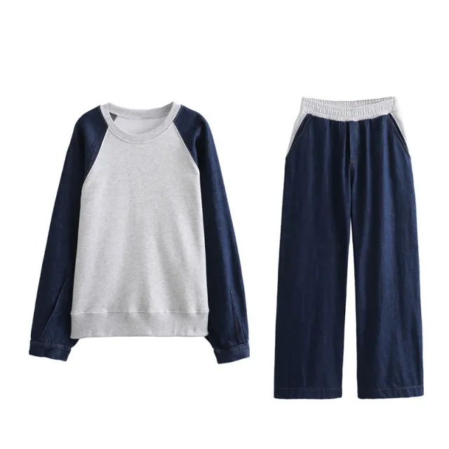 Denim Patchwork Sweater Elastic Waist Multicolor Hoodie Trousers Suit Suit - Shop at LoveMi