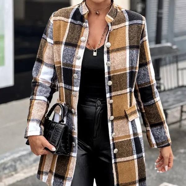 Autumn And Winter New Round Neck Long Sleeve Plaid Wool Coat Long Shirt