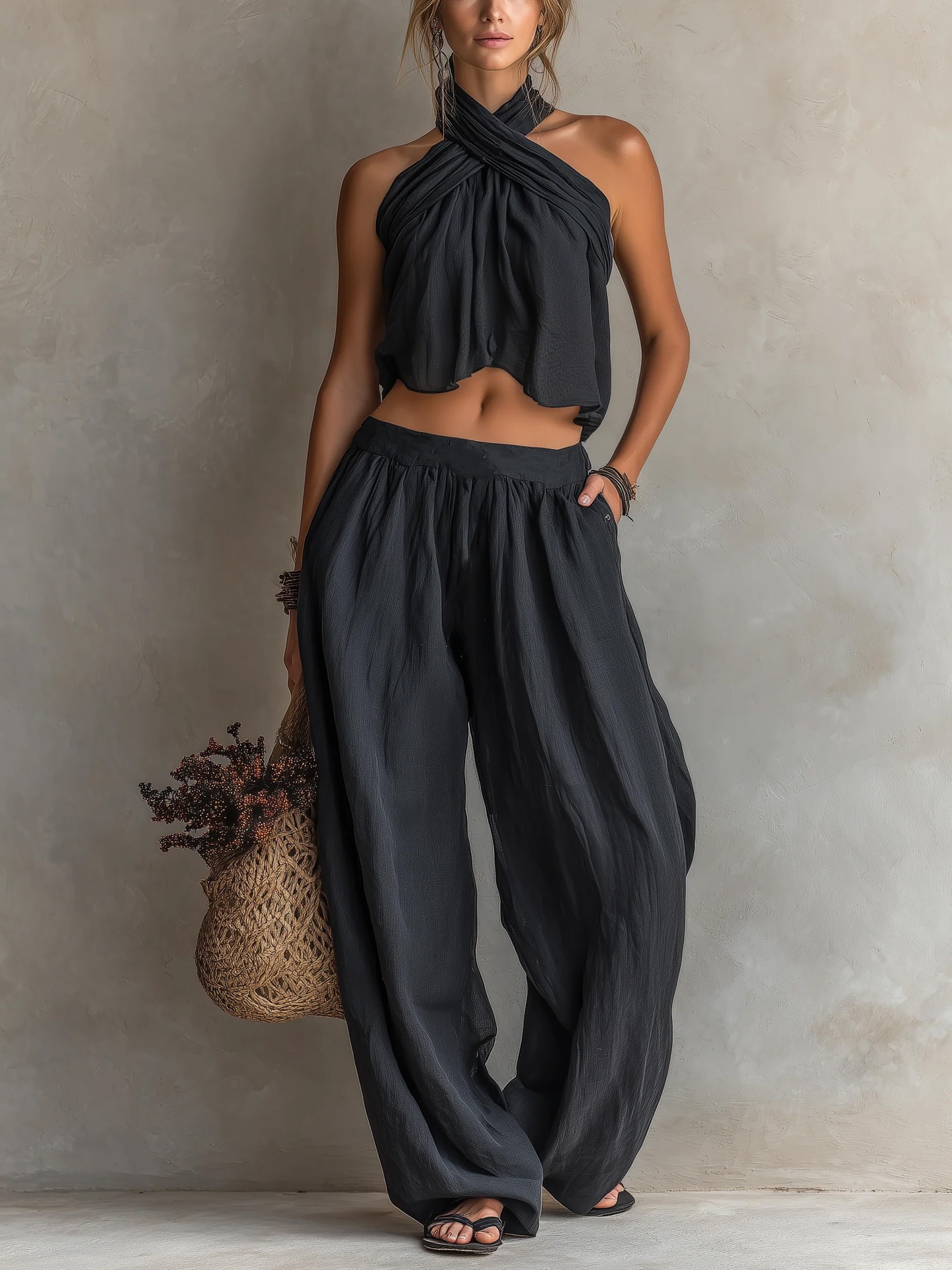 Women's Sleeveless Top and Wide-Leg Pants in Khaki – Color Options View