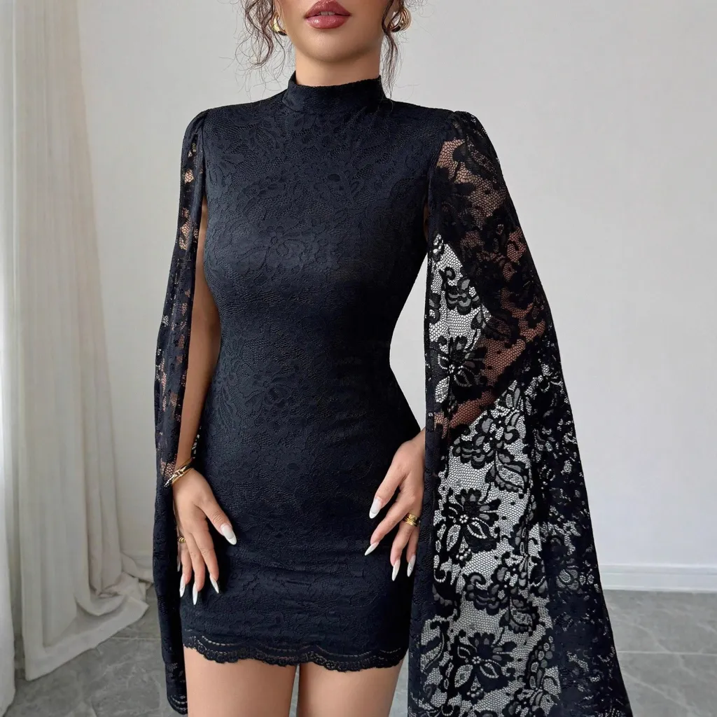 New Stylish Lace Small Stand-collar Dress - Tan