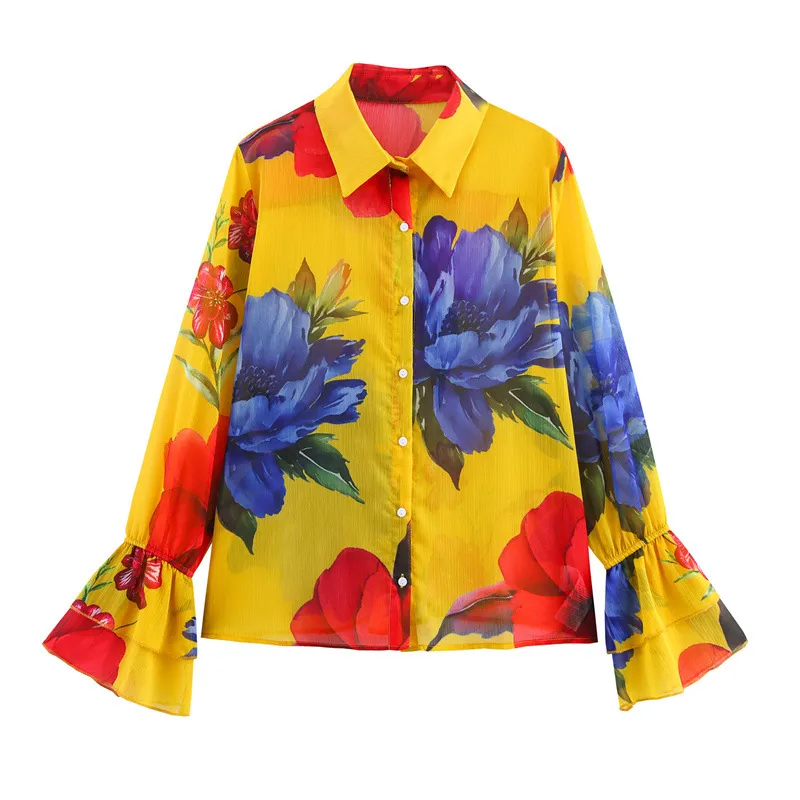 Women's Simple Bell Sleeve Printed Chiffon Shirt - Picture Color-L