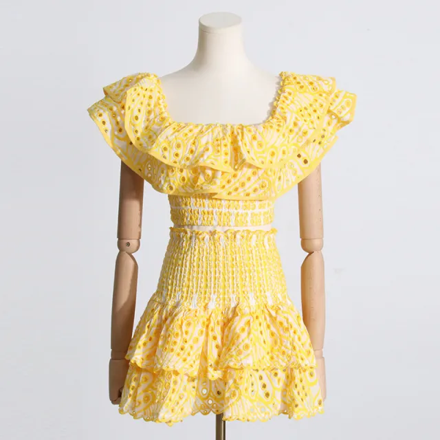 Seaside Vacation Style Two piece Collar Short Ruffled Shirt High Waist Skirt Outfit Yellow - Shop at LoveMi
