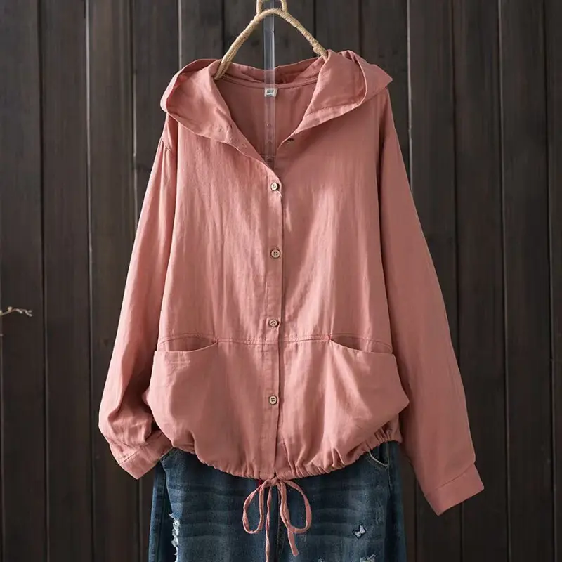 Loose-fit Plus-size Double-layer Cotton-hemp Hooded Long-sleeve Top