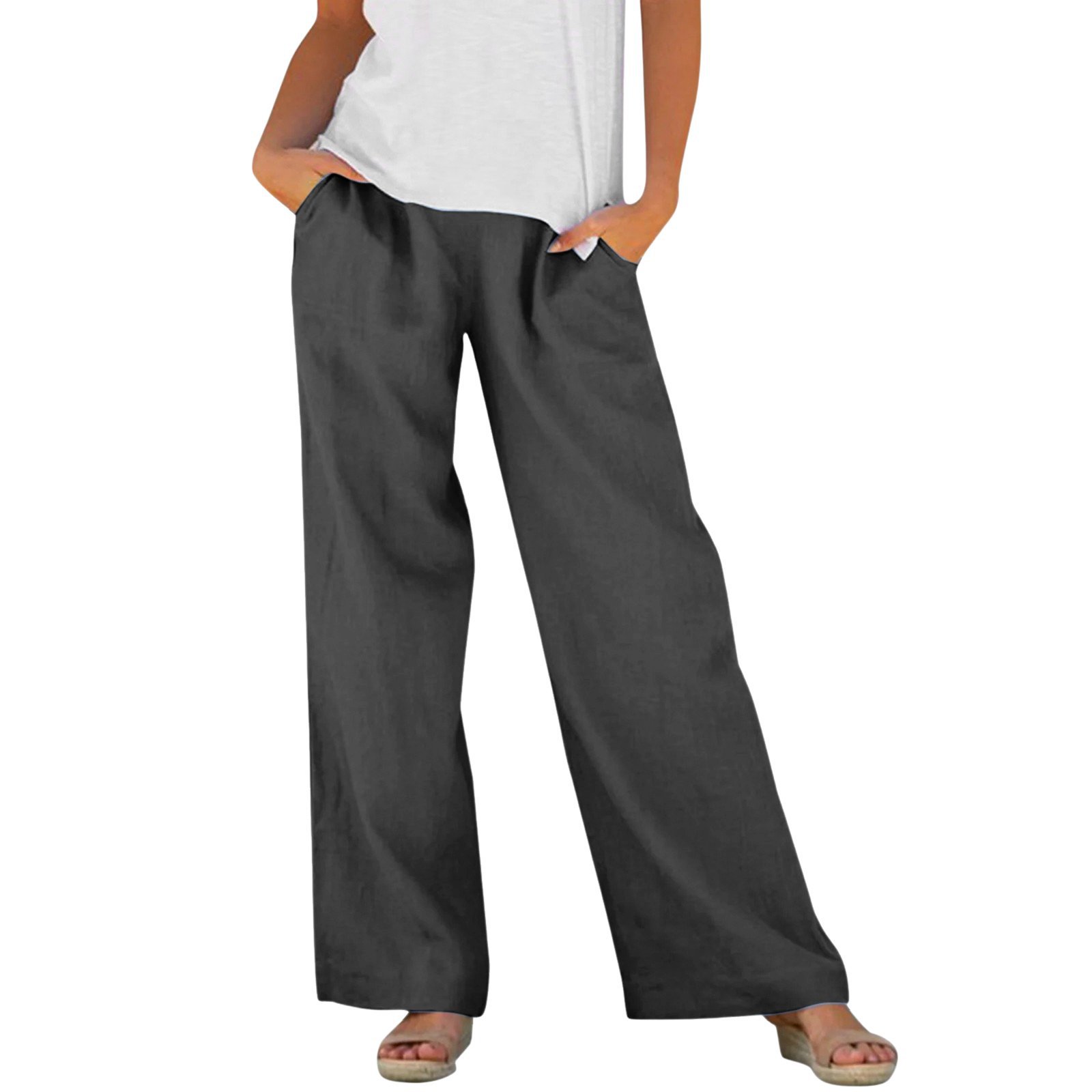 Solid-color Loose-fitting Elastic-waist Wide-leg Casual Pants