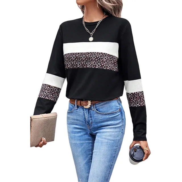 Leopard Print Color block Crew Neck Pullover Women Lc25226317 P120 - Shop at LoveMi
