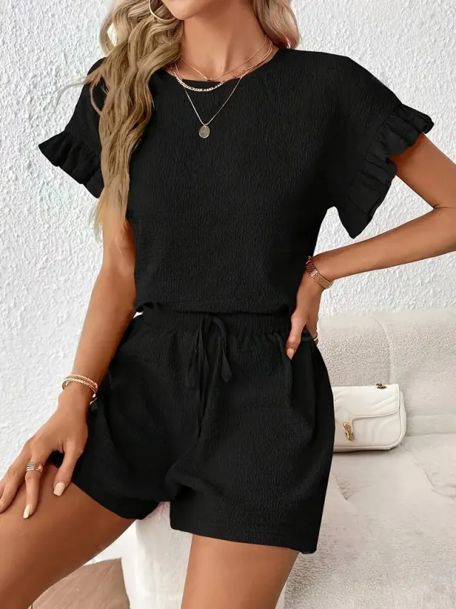 Women's Solid Color Casual Two Piece Set Top Shorts Black - Shop at LoveMi