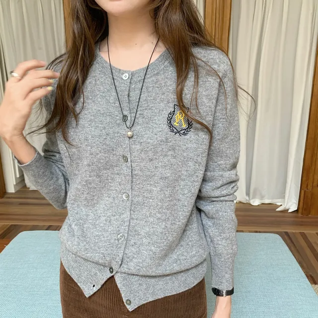 Women's Embroidered Knitted Cardigan O neck Short Sweater Gray - Shop at LoveMi