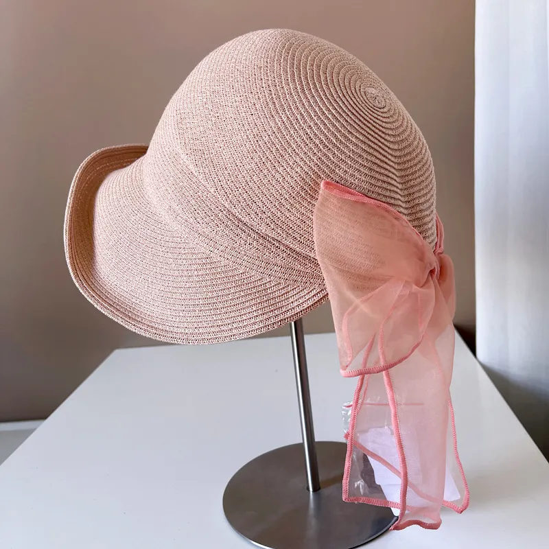 Light Yarn Bowknot Front Roll Straw Hat Female Summer Sun Protection - Pink