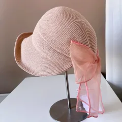 Light Yarn Bowknot Front Roll Straw Hat Female Summer Sun Protection - Pink - View 1