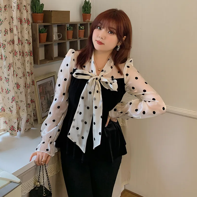 Polka Dot Stitching Lace-up Bow Dress - Small Shirt