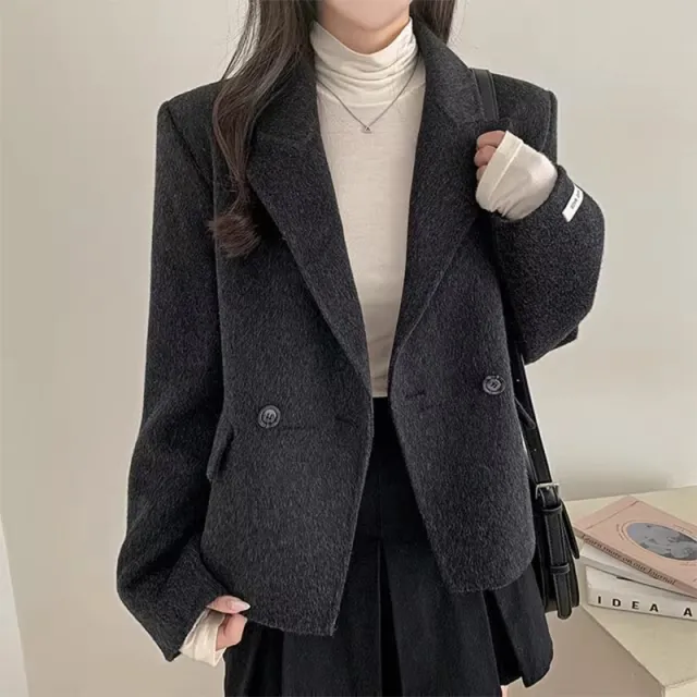 Women's Solid Color Casual Loose Woolen Jacket Black - Shop at LoveMi