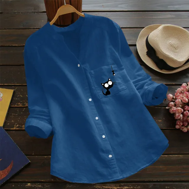 European And American Pocket Stand Collar Long Sleeve Cotton And Linen Casual Loose Print Cardigan Shirt Blue - Shop at LoveMi