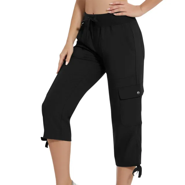 Womens Workwear Cropped Pants With Pockets And Elastic Waistband Stylish And Casual Black - Shop at LoveMi