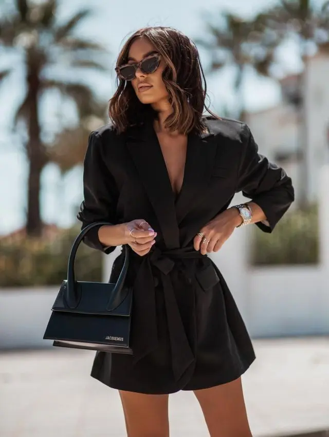 Women's Long Sleeve Tied Blazer Collar Coat - Black