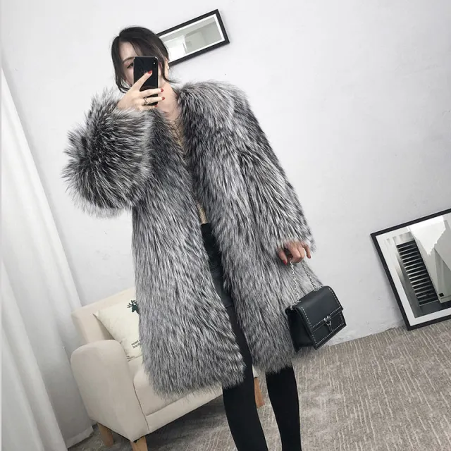 Mid length Fox Fur Faux Fur Coat Women's Warm Leisure Overcoat Gray - Shop at LoveMi