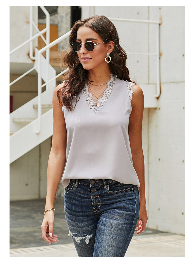 Bottoming Vest T-shirt Women's Summer European And American V-neck Lace Sleeveless Loose Top 253064