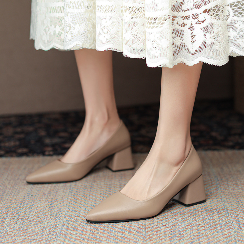 Low-cut High-heeled Mary Jane Leather Pumps Chunky-heel Womens Shoes
