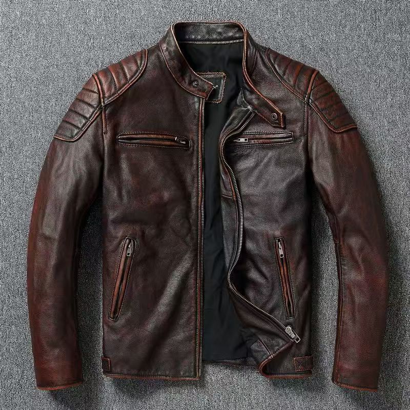 Costum de motocicletă cu guler în picioare pentru bărbați, jachetă din piele