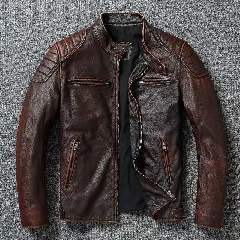 Men's Standing Collar Lapel Motorcycle Suit Mid Leather Jacket
