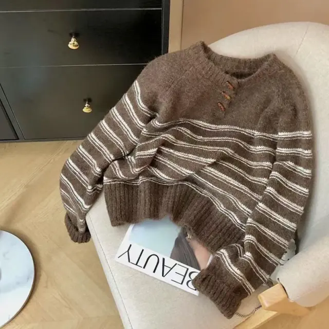 Women's Horn Button Striped Loose Preppy Style Sweater Brown - Shop at LoveMi