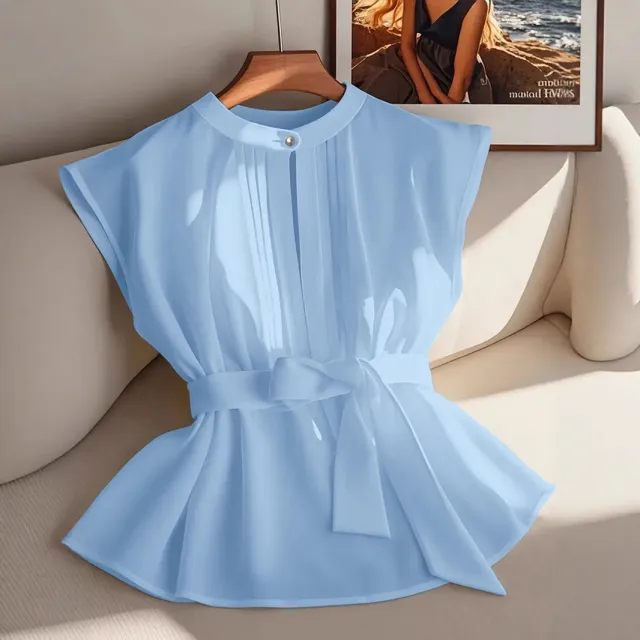 Classic Elegant Solid Color Sleeveless Belted Pleated Shirt Blue - Shop at LoveMi