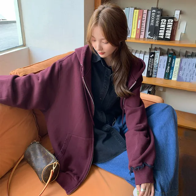 Autumn And Winter Simplicity Hooded Brushed Sweater Coat For Women Wine Red - Shop at LoveMi