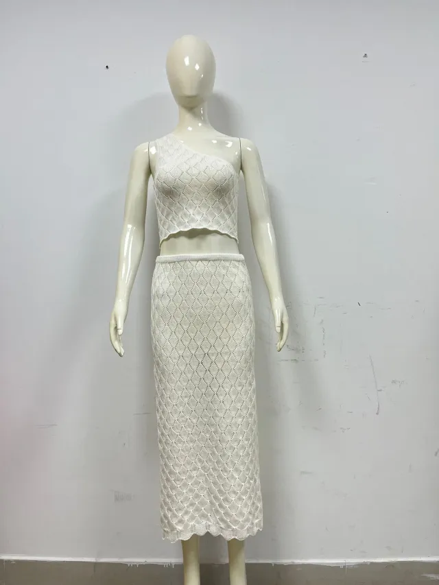 One shoulder Knitted Spaghetti strap Camisole Top Skirt Suit White - Shop at LoveMi