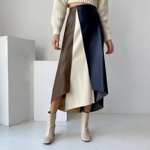 French Chic Retro Temperament Multi color Mosaic Leather Skirt Skirt - Shop at LoveMi