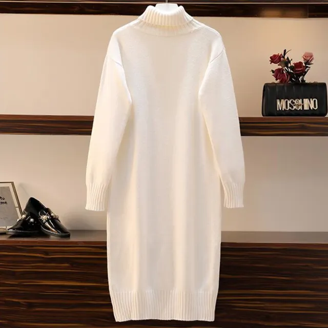 Straight Loose Overknee High Collar Sweater Dress White - Shop at LoveMi