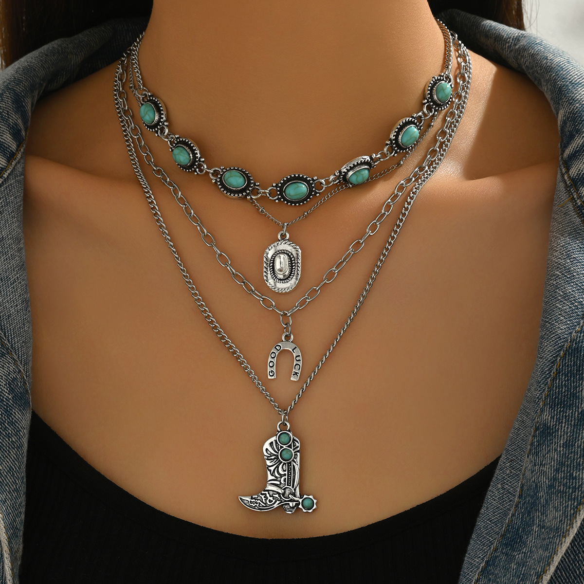 Western Cowboy-Style Turquoise Necklace Set
