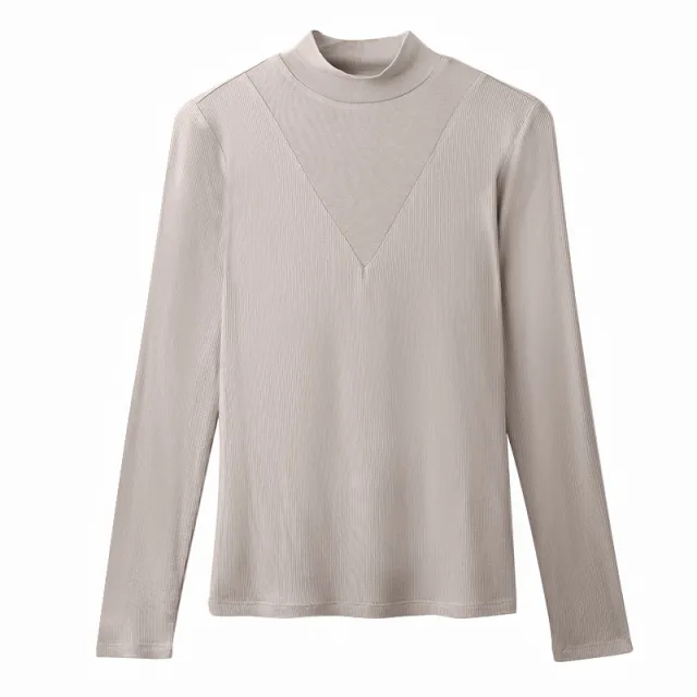 Patchwork Half high Collar Long Sleeves T shirt Women's Bottoming Shirt Light Apricot - Shop at LoveMi