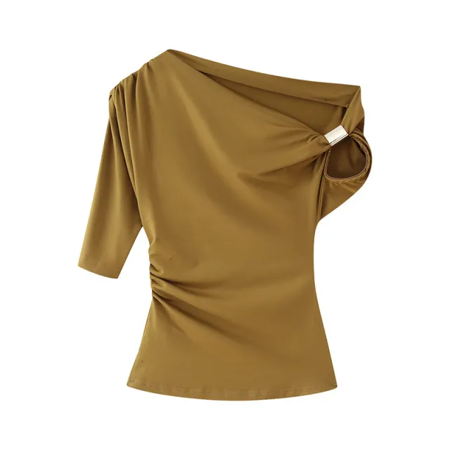 Women's Fashion Shoulder baring Asymmetric Top Olive - Shop at LoveMi