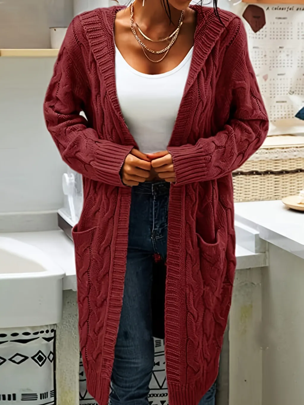 Women's Twisted Design Pocket Long Sleeve Sweater Solid Color Casual Coat - Wine Red