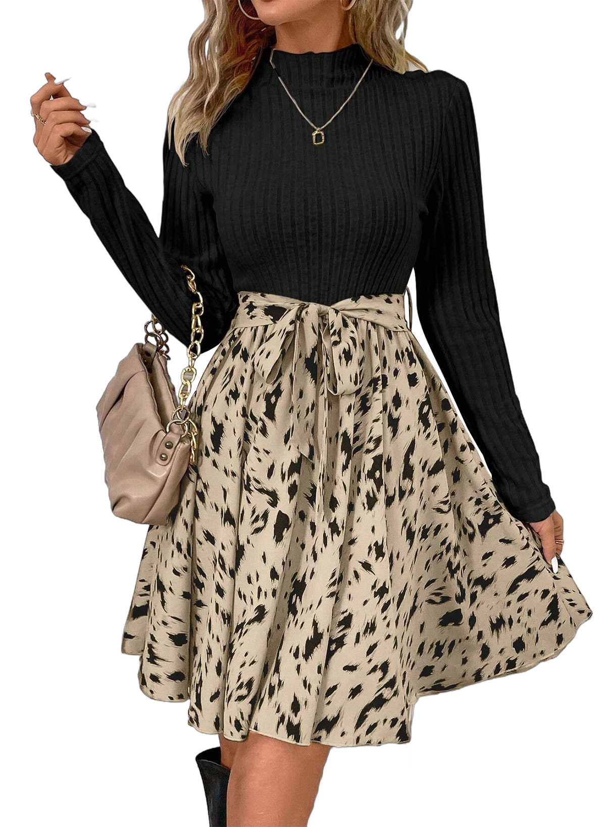 Lace-up Long Sleeve Dress Waist Trimming Printing Skirt