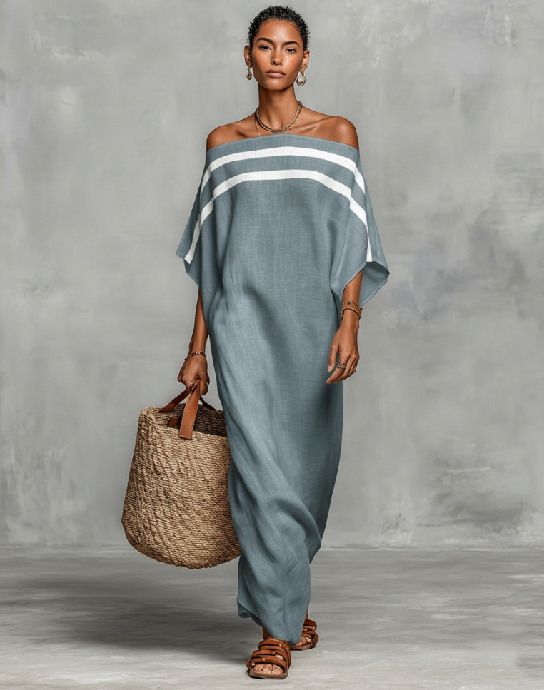 Womens Stand-Up Collar Striped Casual Loose Dress