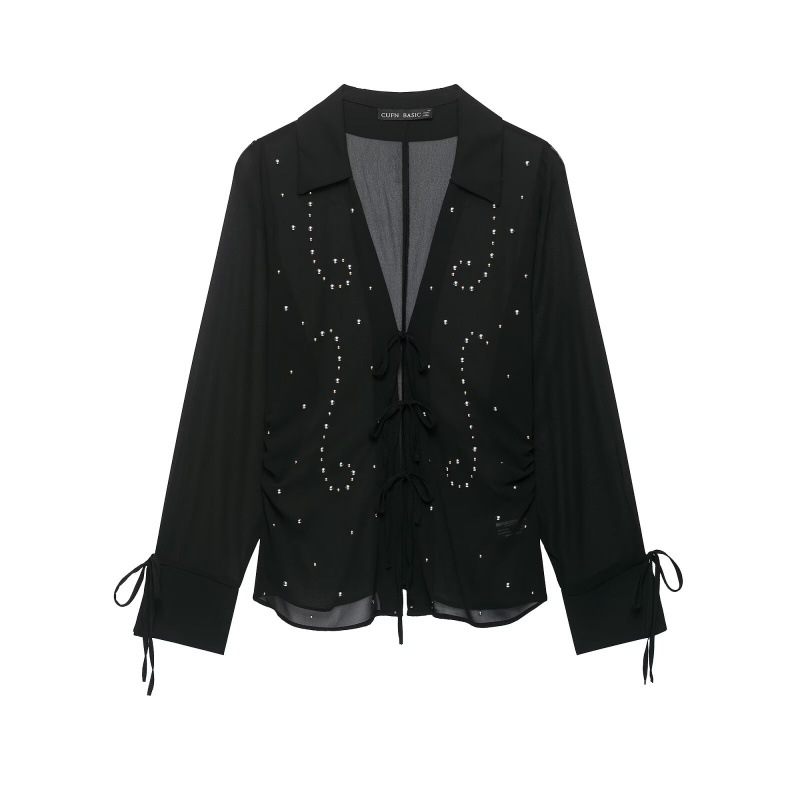 Womens Early-autumn Semi-transparent Lace-up Blouse With Rivet Detailing