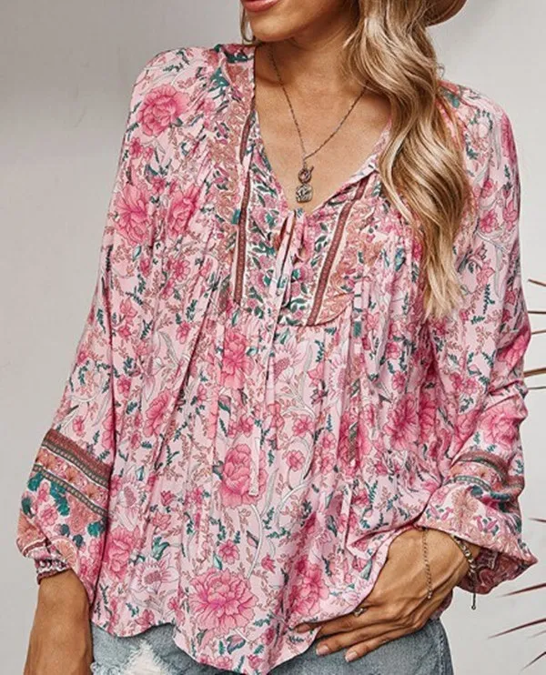 Women's V neck Printed Casual Loose Thin Women's T shirt Pink - Shop at LoveMi