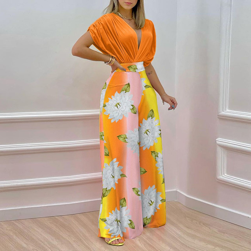 Printed Loose Long Sleeves Wide Leg Pants Fashion Suit
