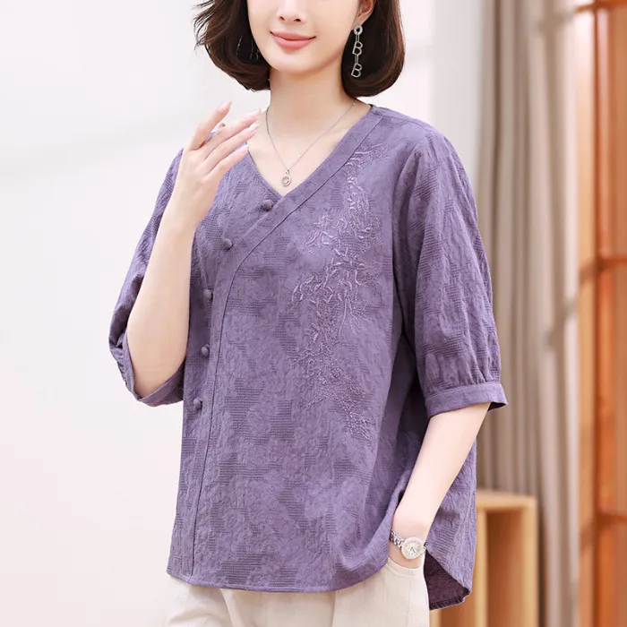 Short Sleeve T-shirt Women's Summer Cotton And Linen Top - Purple