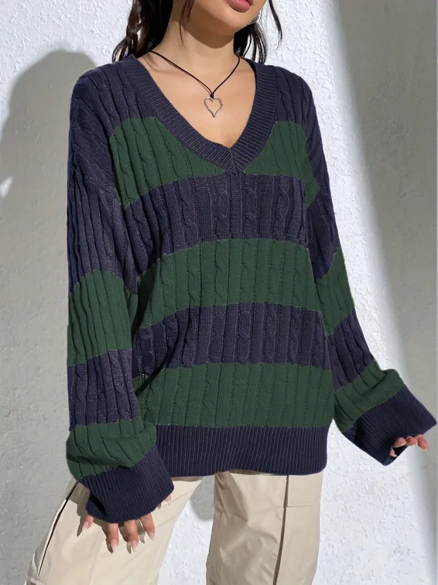 Contrast Color V neck Loose fitting Long Sleeve Sweater Women Dark Green Sapphire Blue - Shop at LoveMi
