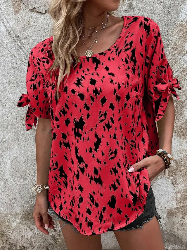 Round Neck Lace Up Leopard Print Women's Blouse Temperament Leisure Top Red - Shop at LoveMi