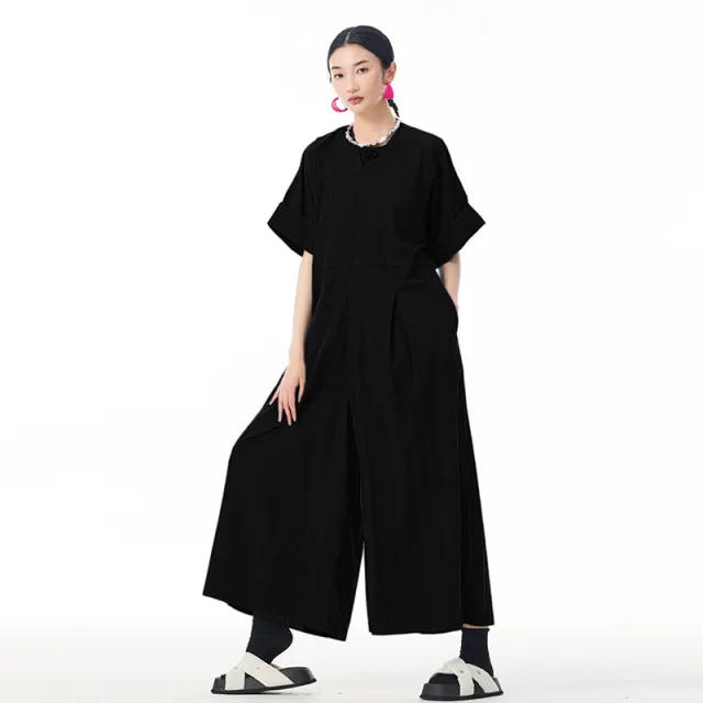 Fashion Large Buttons Round Neck Short Sleeve Cargo Overalls Summer Black - Shop at LoveMi
