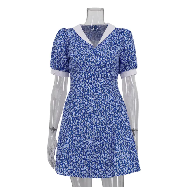 Lapel High waist Blue Floral Dress Blue - Shop at LoveMi