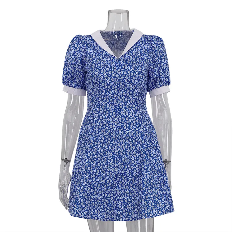 Lapel High-waist Blue Floral Dress - Blue