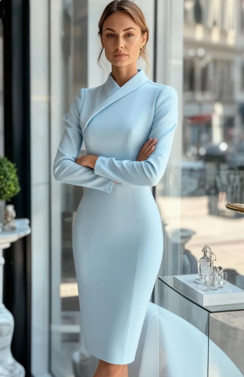 Solid Color Fashion Commuter Long-sleeve High-neck Slim-fit Long Pencil Skirt - Sky Blue