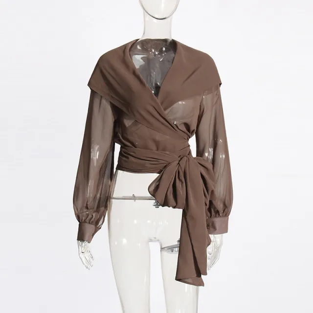 Cross V neck Lace up Waist controlled Mesh See through Hooded Top Brown - Shop at LoveMi