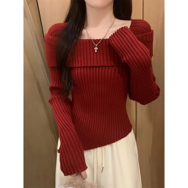 Irregular Off shoulder Sweater For Women Autumn And Winter Red - Shop at LoveMi