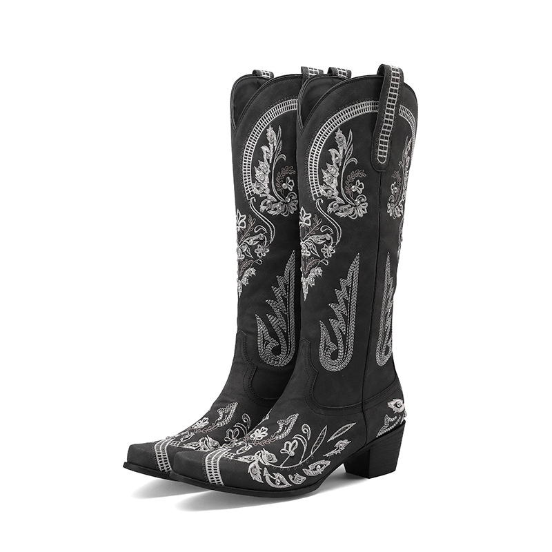 Embroidered Rhinestone Chunky High-Heel Boots, picture 6 of 8