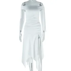 Women's Solid Colour Skirt Suit Sexy Sleeveless Off-shoulder Top Split Skirt - White - View 1